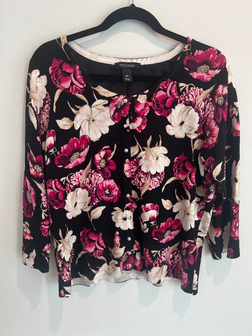 WHBM Floral Knit Button Up Cardigan Sweater Black Pink XL